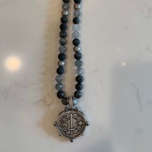 French Kande Silver Coin Pendant Beaded Necklace - Gray and Black